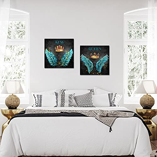 Canvbay Modern Canvas Wall Art Decor Teal Angel Wings With Golden King Queen Crown Painting Picture Print Contemporary Artwork For Living Room Bedroom Wall Decoration Valentine's Day Gift Framed Ready To Hang 20X20Inchx2Pcs #TOP3