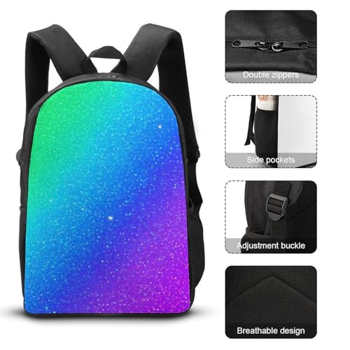 3PCS Backpacks Set, Large Capacity Travel Daypack 17 Inch Beautiful Turquoise Bling Glitter Sparkles Pattern Insulated Lunch Bag Lightweight Compact Pencil Pen Case3