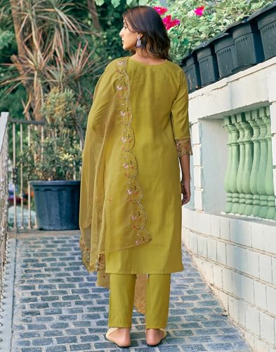 Image of SIRIL Women's Rayon Viscose Sequence Embroidery Work Straight Kurta Pant with Dupatta Set