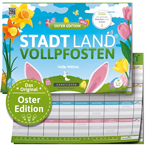 DENKRIESEN - Stadt Land VOLLPFOSTEN® - Oster Edition - 'Volle Möhre.' - DIN A4 Spielblock | ab 9 Jahren | 50 Blatt | Familienspiel | Ostergeschenk für Kinder & Erwachsene | Spaß vorprogrammiert