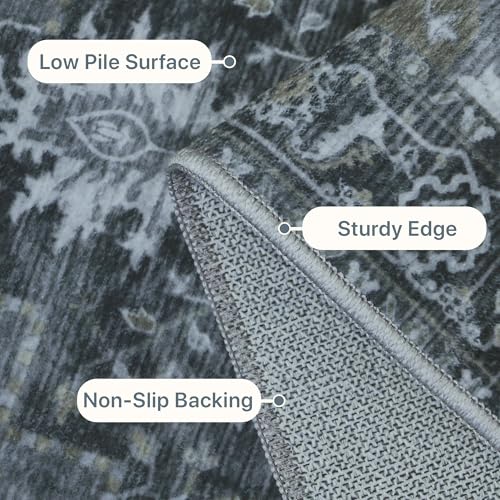 GENIMO 2'6''x12 Runner Rugs for Hallway, Machine Washable Non Slip Vintage Rugs, Low Pile Lightweight Soft Print Rug for enrtyway, Corridor, Home Office, Kitchen,Dark Gray