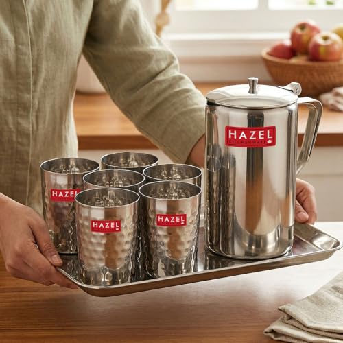 Image of HAZEL Stainless Steel Drinkware Combo of 8 | Water Jug with Lid 1800ml, 6pc Hammered Glasses 350ml & Serving Tray | Glossy Finish Tableware Set for Home & Office Use
