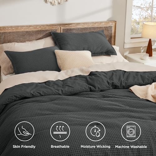 Image of Bedsure Waffle Comforter Set Queen, Charcoal Soft Bedding, Waffle Weave Bed Set, 3 Pieces, 1 Comforter (90 inchx90 inch) and 2 Pillow Shams, Cotton Shell and Polyester Lining for All Seasons