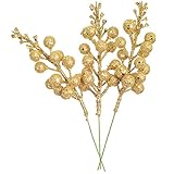 Artiflr 14 Pack Christmas Glitter Berries Stems, 7.8Inch Artificial Christmas Picks for Christmas Tree Ornaments, DIY Xmas Wreath, Crafts, Holiday and Home Decor, Gold