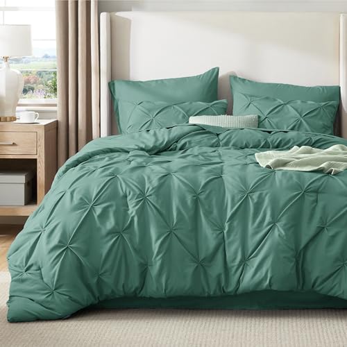 Image of Bedsure Queen Comforter Set Graysih Green - Bed in a Bag Queen Size Bedding 7 PCS, GentleSoft Pintuck Bed Set Gift for Family, All Season Down Alternative Comforter with Sheets, Pillowcases & Shams
