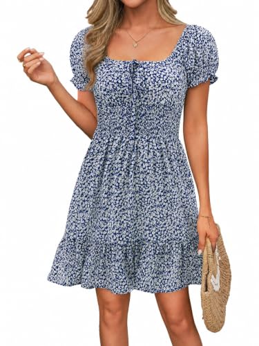Image of Womens Babydoll Mini Dress Casual Square Neck Short Sleeve Summer Dresses | Empire Waist, Smocked, Flowy, Short Beach Dress, Vacation, Floral, Boho