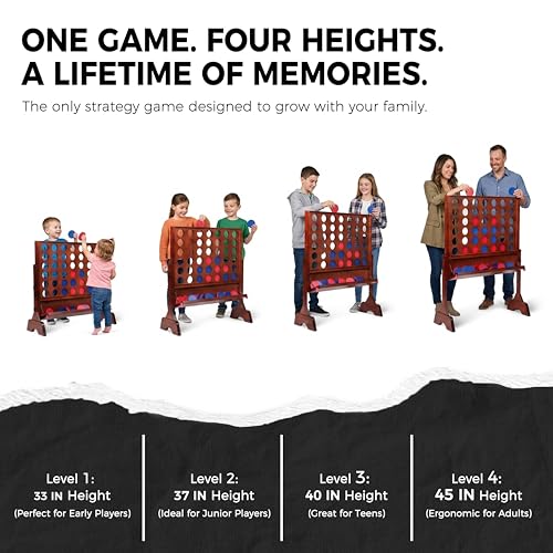Image of Height Adjustable (2.75-3.75 FT) Giant Wooden 4 in A Row Game | Foldable Tray, 2 Styles of Play: Wall Mounted or Set-up on Ground, Carrying Case, Detachable Legs