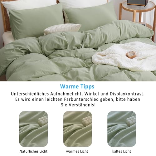 ATsense Bettwäsche 155x220 Baumwolle 2teilig, Stonewashed Bettwäsche-Sets Hellgrün Ähnlich wie Leinen, Oeko-TEX… – Ansicht 8