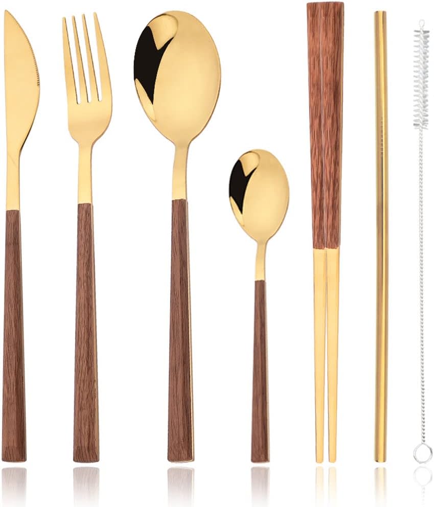 JASHII 24pcs Reusable Flatware Silverware Set, Gold Stainless Steel Knife Fork Spoon Chopstick Straw Set with Square Wooden Handle,Service for 4, Include 1 Brush, Dishwasher Safe.