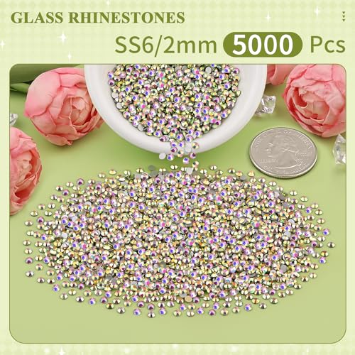 Image of 5000PCS SS6 /2mm Crystal Glass Rhinestones for Bedazzling (Crystal AB) | Flatback Rhinestones for Crafting DIY Crafts Nail Art Makeup Decoration, Gems Diamond Charms for Tumbler Shoes Clothing Mug