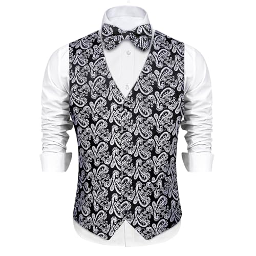 Image of DiBanGu Mens Paisley Suit Waistcoat,Silk Dress Vest and Bowtie Pocket Square Cufflinks with Lapel Pin Set for Wedding Tuxedo