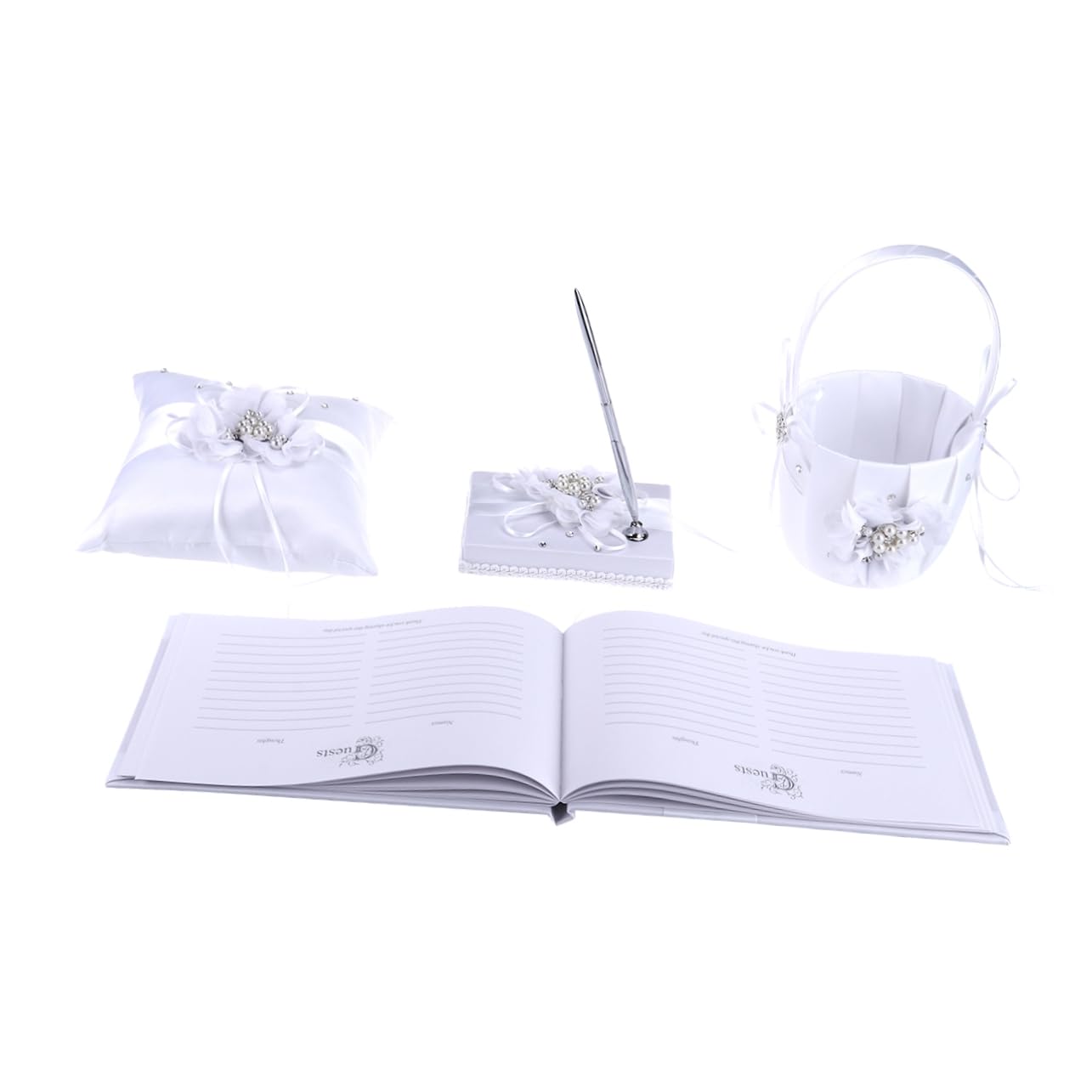 Cabilock 4 Stück Ringträgerkissen Und Blumenmädchenkorb Unterschriftenbuch Der Partei Ringe Für Jugendliche Mädchen Blumenkörbe Für Die Hochzeit Braut Spitze Festival-zubehör Weiß
