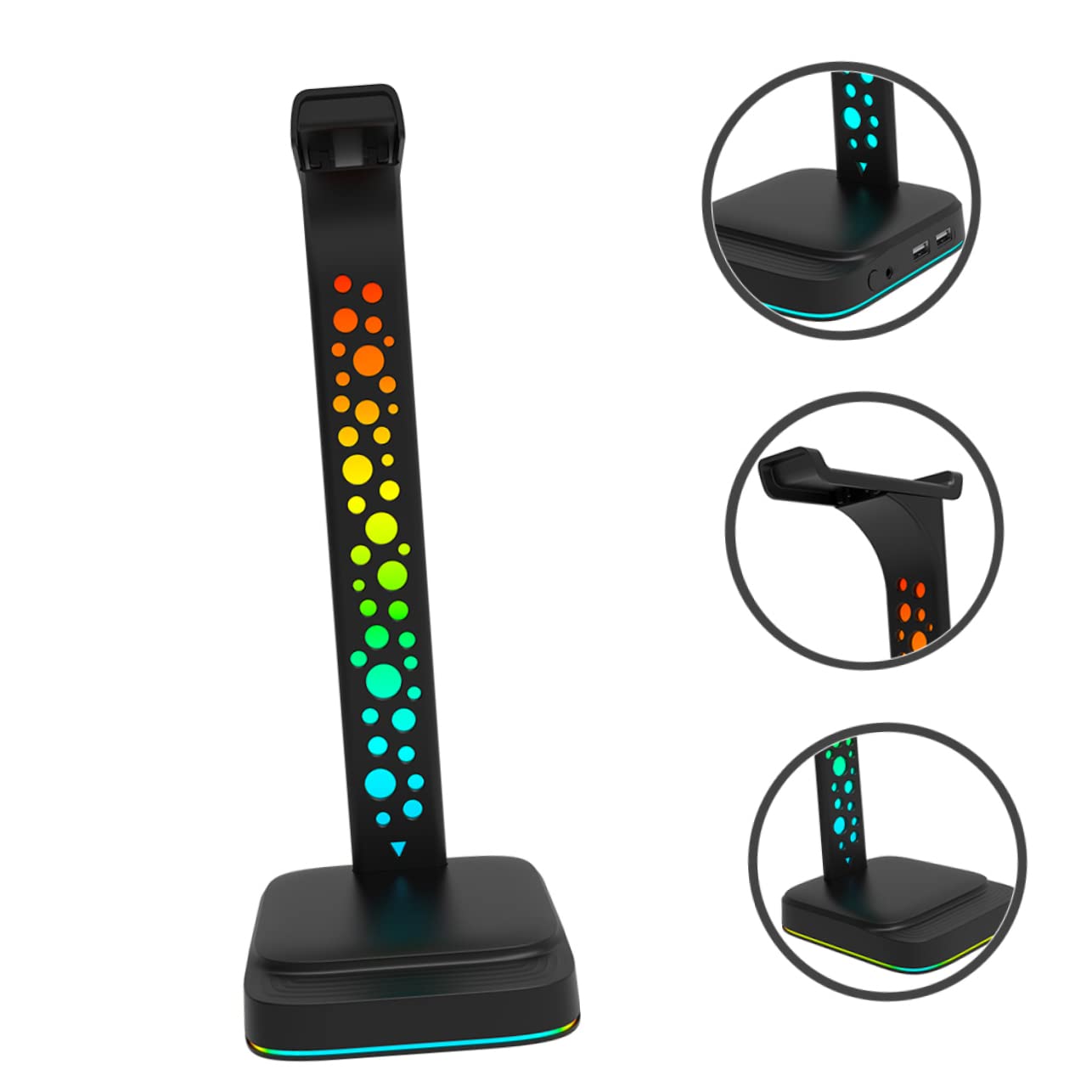 Happyyami Supporto per Cuffie Illuminazione Rgb Hub USB Due Porte USB Porta Aux Supporto Estensibile per Cuffie da Tavolo Base Antiscivolo per Stabilità su Qualsiasi Scrivania