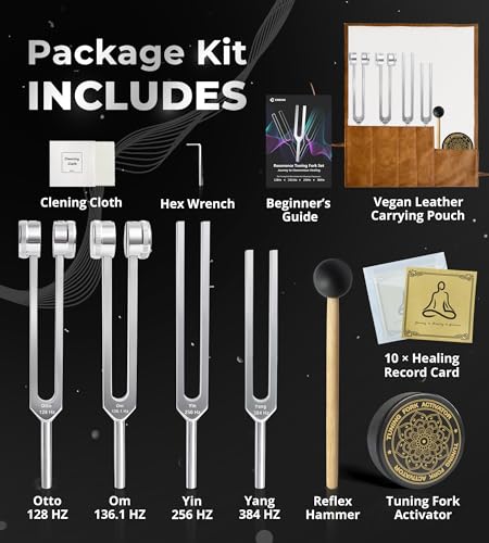 tuning forks for healing set - 128hz 1361hz 256hz 384hz weighted amp unweighted tuning fork kit with hockey puck activator - chakra sound therapy instruments for meditation amp yoga in pouch
