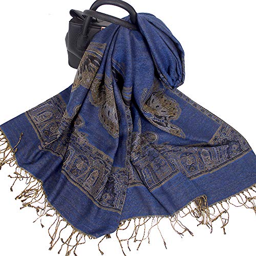 GERINLY Luxurious Double Layered Jacquard Shawl Scarf Women Large Paisley Pashmina Like Wraps for Neck Shoulders Waist (Navy)