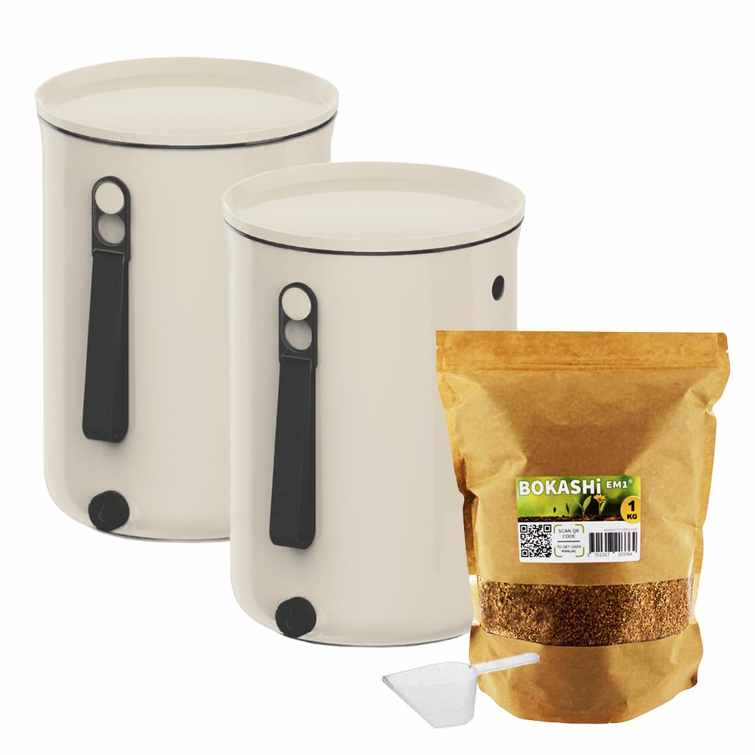 Lot de 2 seaux Bokashi Organko 2 Blanc (9,6L) | Composteur Organique avec compacteur + 1 kg d'Activateur EM-1 de Fermentation fabriqué en France