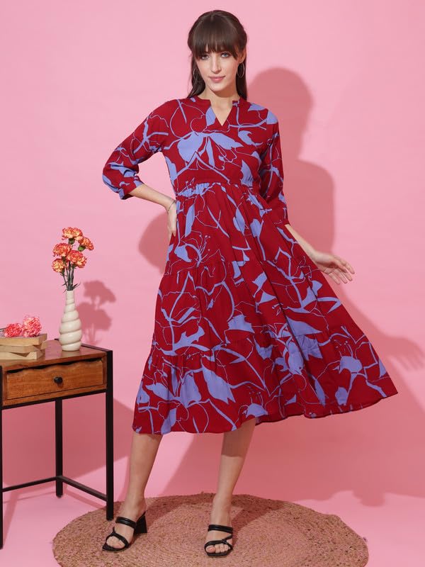 Image of Sheetal Associates Women's Casual 3 /4 Sleeve Crepe Fit and Flare Dress| Comfortable Relaxed Fit Summer Party Dress
