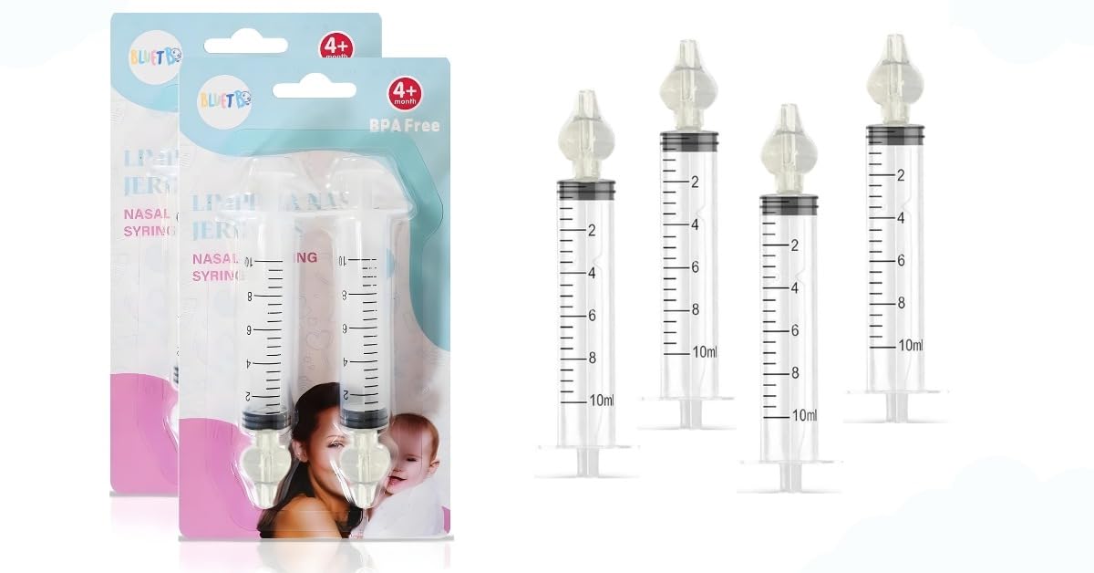 Bluet B - Baby Nasal Syringe (4-Pack) - Safe Silicone Nasal Aspirator for Newborn - Infant Mucus Removal - 10ml Nose Cleaner Syringe for Baby - Toddler Congestion Relief - Reusable Tips - White