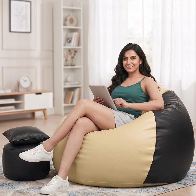 Image of Biggie Bean Bag 4XL Bean Bag Chair with Beans Filled - The Classics Bean Bag Sofa - Combo Set-Styled for Elegance with Free Cushion & Footrest (Matching Color : Xunix Cream-Black)