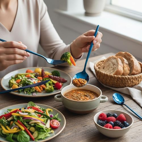 Image of 20 Pcs Blue Cutlery Set for Dining Table the Perfect Lightweight Silim Handle Tableware Including Dinner Spoon, Dinner Fork, Dinner Knife, Dessert Spoon & Dessert Fork