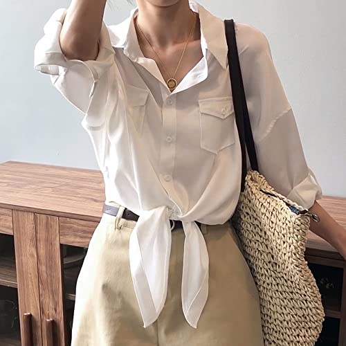 Womens Button Down V Neck Shirts 3/4 Sleeve Tie Front Loose Office Business Shirt Blouse Summer Casual Tops2