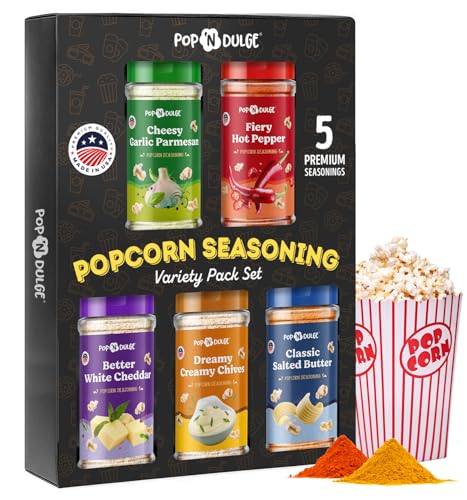 Popcorn Seasoning Popcorn Flavoring Variety Pack Gifts Set of 5 Popcorn Salt 2.5 OZ Shakers, Non-GMO Toppings, Movie Night Supplies Gift Basket, Popcorn Gift Set, Gift Ideas