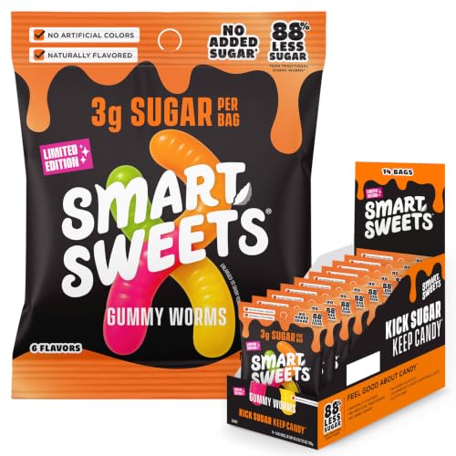 Image of SmartSweets Sweet Halloween Gummy Worms Low Sugar Gummy Candy, Healthy Snacks for Kids and Adults, Treat, 50g bags, Pack of 14