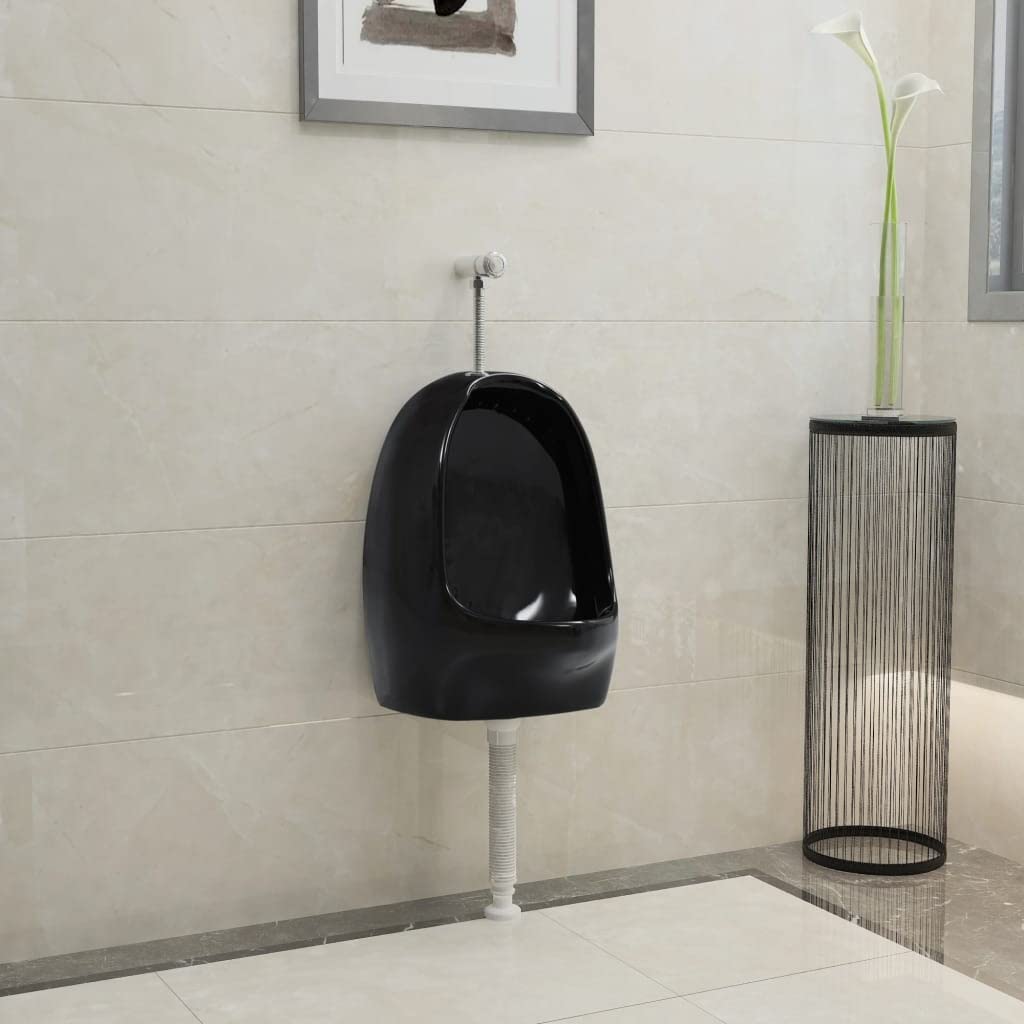 vidaXL Urinario de Pared con Válvula Descarga Cerámica Negro Fontanería Baño Diseño Clásico Aerodinámico Práctico Descarca Superior Instalación Fácil