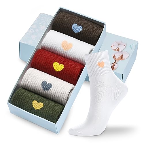 Image of Corlap Women's Cotton Crew Socks - Ankle High Fun Cute Heart Casual Dress Athletic Socks - 5Pairs Gifts for Mother /Her