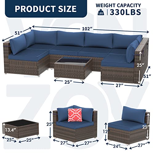 Vonzoy Outdoor Patio Furniture Set 7 Pieces Sectional Rattan Sofa Set, Pe Rattan Wicker Patio Conversation Set With 6 Seat Cushions And 1 Tempered Glass Table And Furniture Cover, Navy Blue #TOP6
