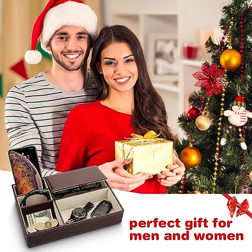 Image of BROGBUS Men Accessories Organizer Leather Valet Tray Nightstand or Dresser Organizer for Wallet, Phone, Keys, Jewellery, Money 5 Slot Storage Compartment Box - Brown Colour