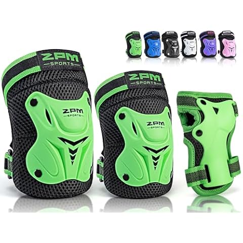 2PM SPORTS Knee Pads for Kids, Wrist Guards Knee and Elbow Pads Set with Drawstring Bag, Protective Gear Set for Girls Boys Roller Skating Cycling Skateboard - Green Medium Cover