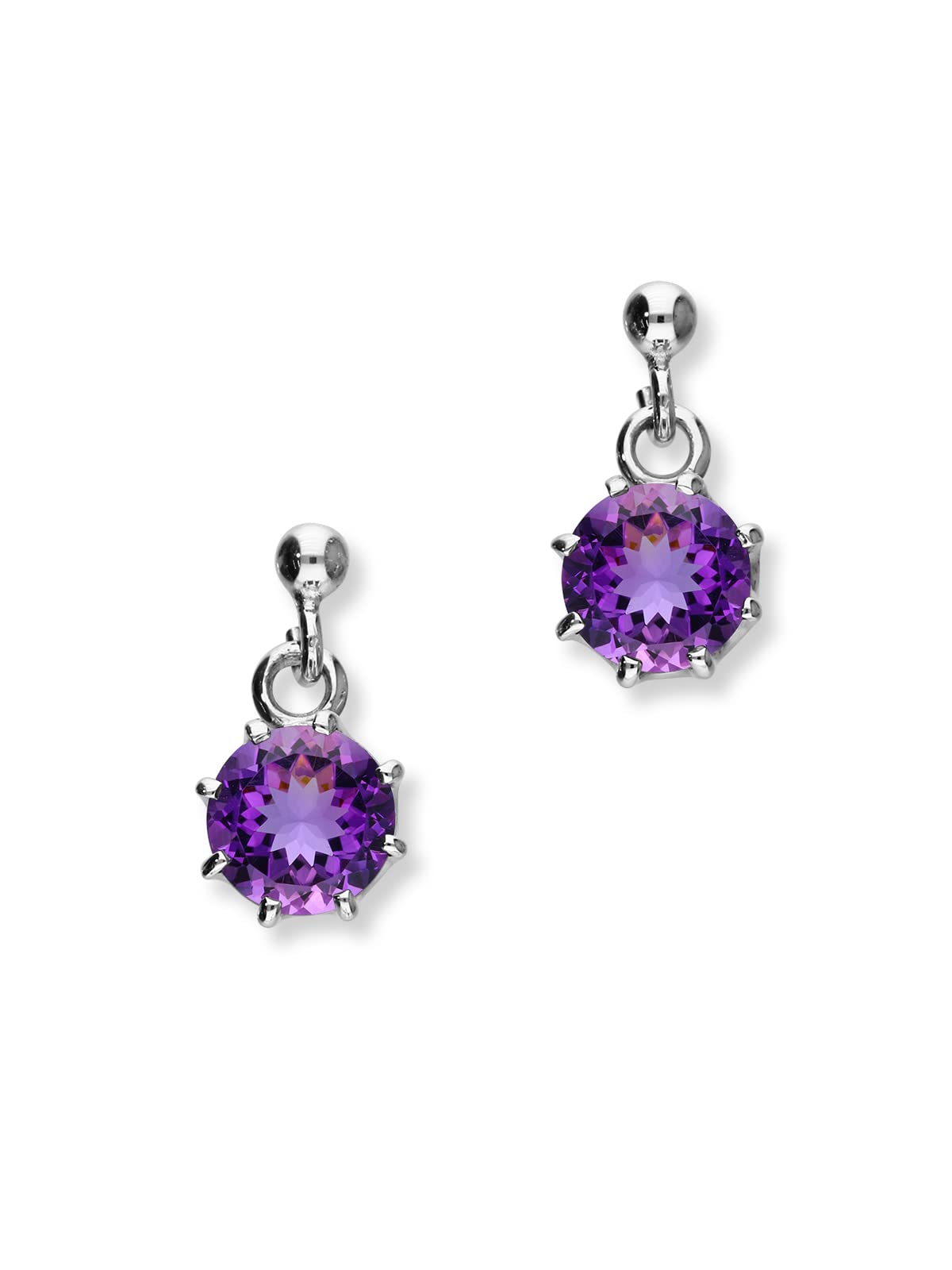 Ortak Sterling Silver Dangle Dangly Dangling Earrings with Round Faceted Cut Amethyst Drop Natural Stone Celtic Jewellery Gift Box for Women