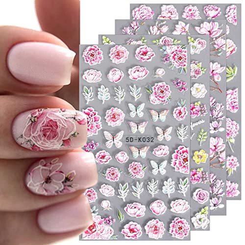JMEOWIO 3D Primavera Flores Pegatinas Para Uñas Autoadesiva 5D Nail Art Stickers Decoración 4 Hojas