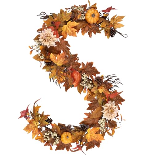 MDSTBN Fall Garland 6Ft Lifelike Autumn Maples Leaf Pumpkin Garland with Berries Pine...