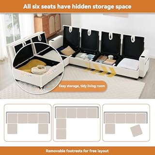 Yihomfy Canapé d’Angle Modulable en L/U 280 cm, 6 Places avec Repose-Pieds Amovible, Rangement, Porte-gobelet,Canapé Profond pour Salon, Meuble de Salon Moderne,canapé Convertible,Beige
