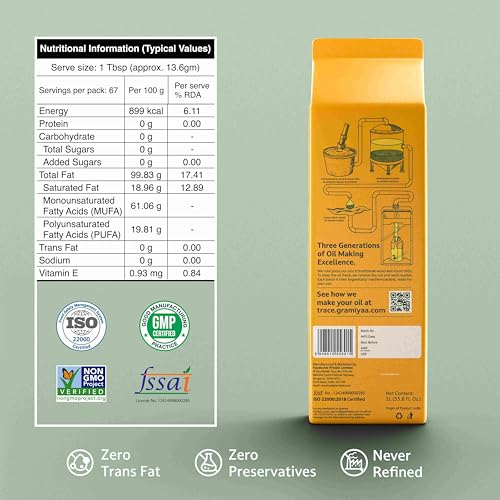 Image of Gramiyaa Cold Pressed Groundnut Oil 3 Litre | Chemical-free, Zero Trans-fat Cooking Oil | Unrefined Oil | Fresh Protect Pack | Kachi Ghani Peanut Oil for Cooking