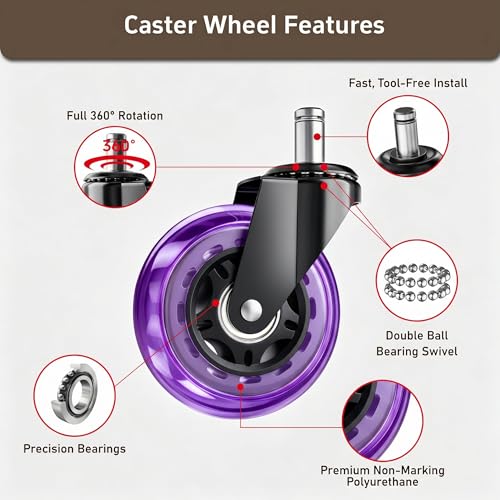 Image of 3 Inch Office Chair Wheels, Set of 15 (Purple) | Heavy Duty Replacement Casters for Hardwood Floor & Carpet, Smooth Quiet Roll, Universal 11mm Stem, Non-Marking PU Wheels