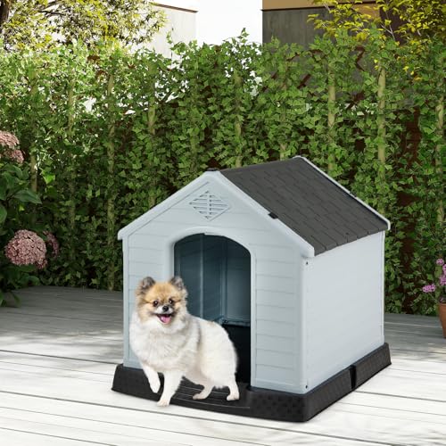 GOPLUS Hundehütte aus Kunststoff, Zwinger für Drinnen und Draußen, Hunde-Haus mit Belüftungsystem und Befestigungsvorrichtung, Stabil und Kratzfest, mit Erhöhtem Boden (S)