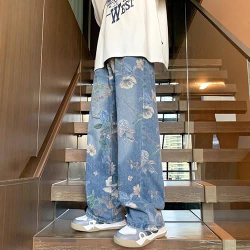 Men's Floral Print Jeans Y2K Street Baggy Denim Pants Casual Straight Loose Jeans with Pockets2