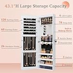 Mirror Jewelry Cabinet,Lockable Wall or Door Mounted Jewelry Armoire Organizer With Built-up Mirror,LED Lights, Drawers,Cosmetic Trays,Shelves, 14.4"x3.15"x 43.1"（White） - Image 3