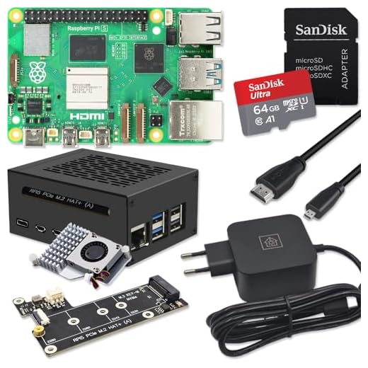 Raspberry Pi 5 8 GB PCIe M.2 NVMe - Kit | alloggiamento in metallo | cooler attivo | scheda M.2 NVMe SSD PCIe | alimentatore USB-C 27 W | scheda SD 64 GB | cavo micro HDMI 4K