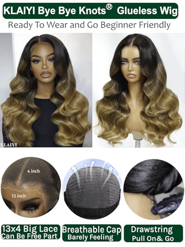 Image of KLAIYI Ombre Highlight Blonde Loose Wave Pre Everything Glueless 13x4 Lace Front Wigs Human Hair Drawstring Balayage Brown Pre Cut Pre Plucked Bleached Ready to Wear and Go Wig with Dark Roots 26Inch
