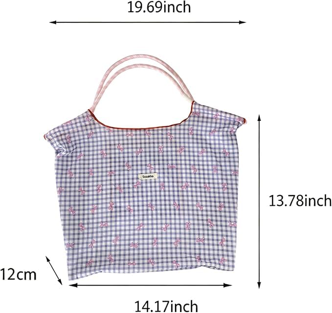 Bolso tote de gingham morado para mujer, bolso de hombro de lona con estampado de lazo rosa, bolso tote estético de gran capacidad para trabajo, viaje, compras y uso diario casual miniatura 5