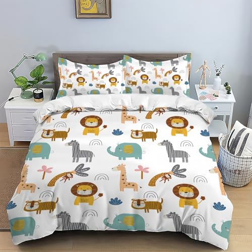 TKCQX Animaux de La Jungle Parure de Lit 140x200 Enfant pour 1 Personne Animation de Dessin Animé D'éLéPhant de ZèBre de Tigre de Lion Impression 3D Housse...