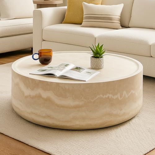 HAMORESPACE Round Faux Marble Coffee Table, Modern Drum Design, Circle FiberglassCoffee...