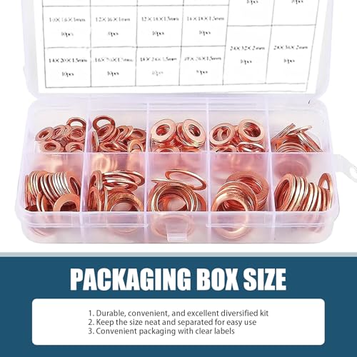 Image of 200 PCS Automotive Copper Gaskets, High Temperature Resistant Flat Washer Combination Kit, Oil Pan Plug Sealing Gasket, Universal for Most Cars (Gold)