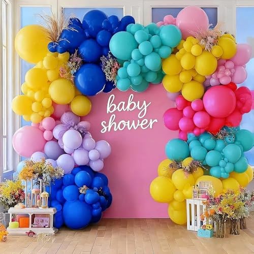Hot Pink Blue Yellow Balloon Garland, Double Stuffed Royal Blue Fuchsia Pink Teal Lavender Balloons Pastel Lilac Yellow Balloon Arch Kit for Tropical Hawaii Aloha Luau Encanto Summer Party Decorations