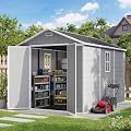 Amopatio 8x10 FT Storage Shed, Outdoor Resin Shed with Floor Included, Plastic Sheds for Bike, Garden Tools, Sheds & Outdoor Storage with Lockable Door, Window & Vents, Light Grey
