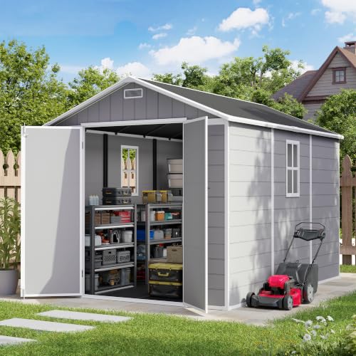 Amopatio 8X10 FT Outdoor Storage Shed Resin Shed with Floor Included Plastic Sheds for Bike Garden Tools Sheds & Outdoor Storage with Lockable Door Window & Vents Grey & White